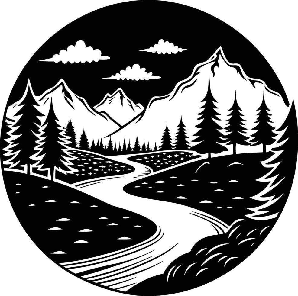 A black and white silhouette illustration of a river and trees vector