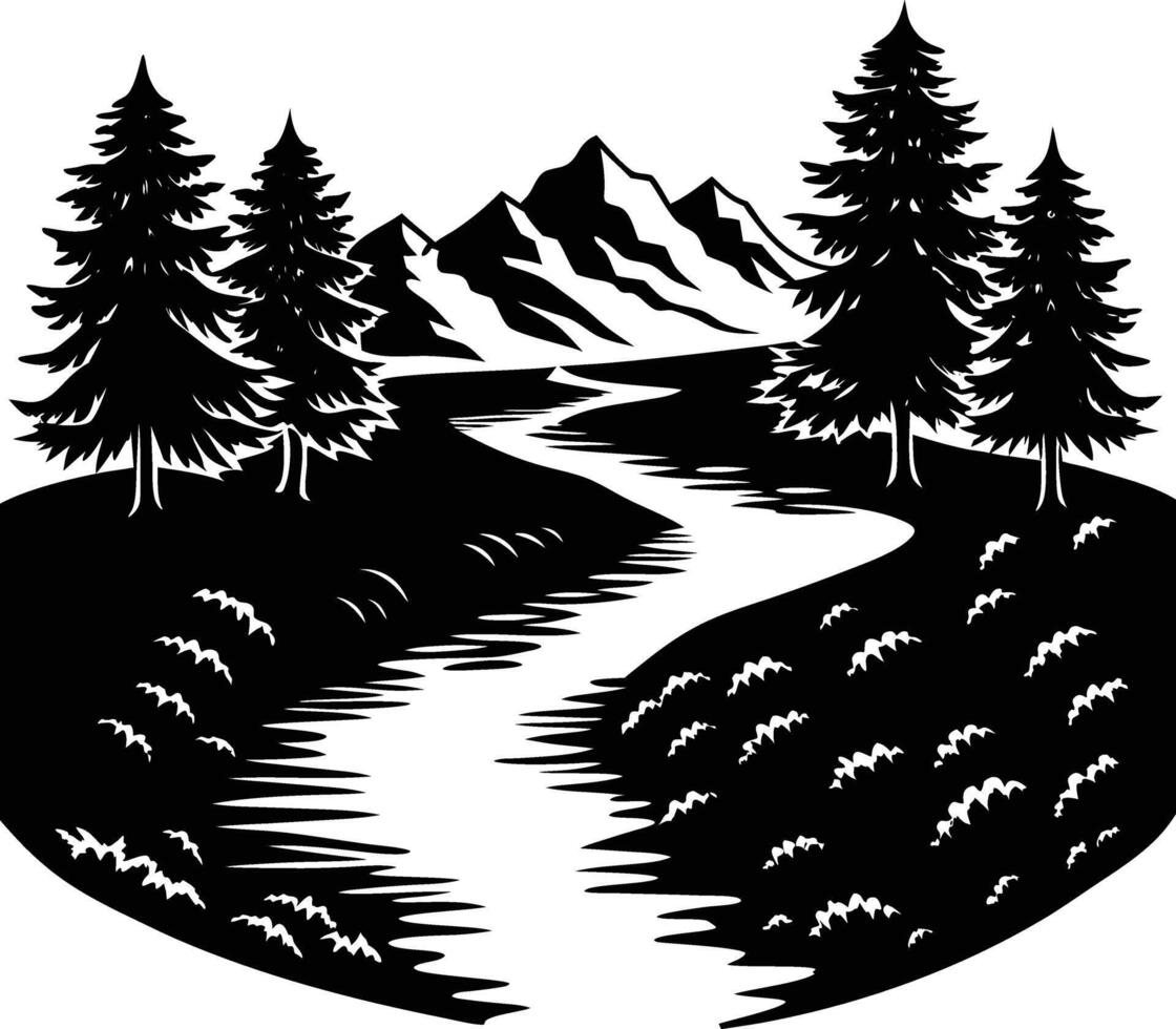 A black and white silhouette illustration of a river and trees vector