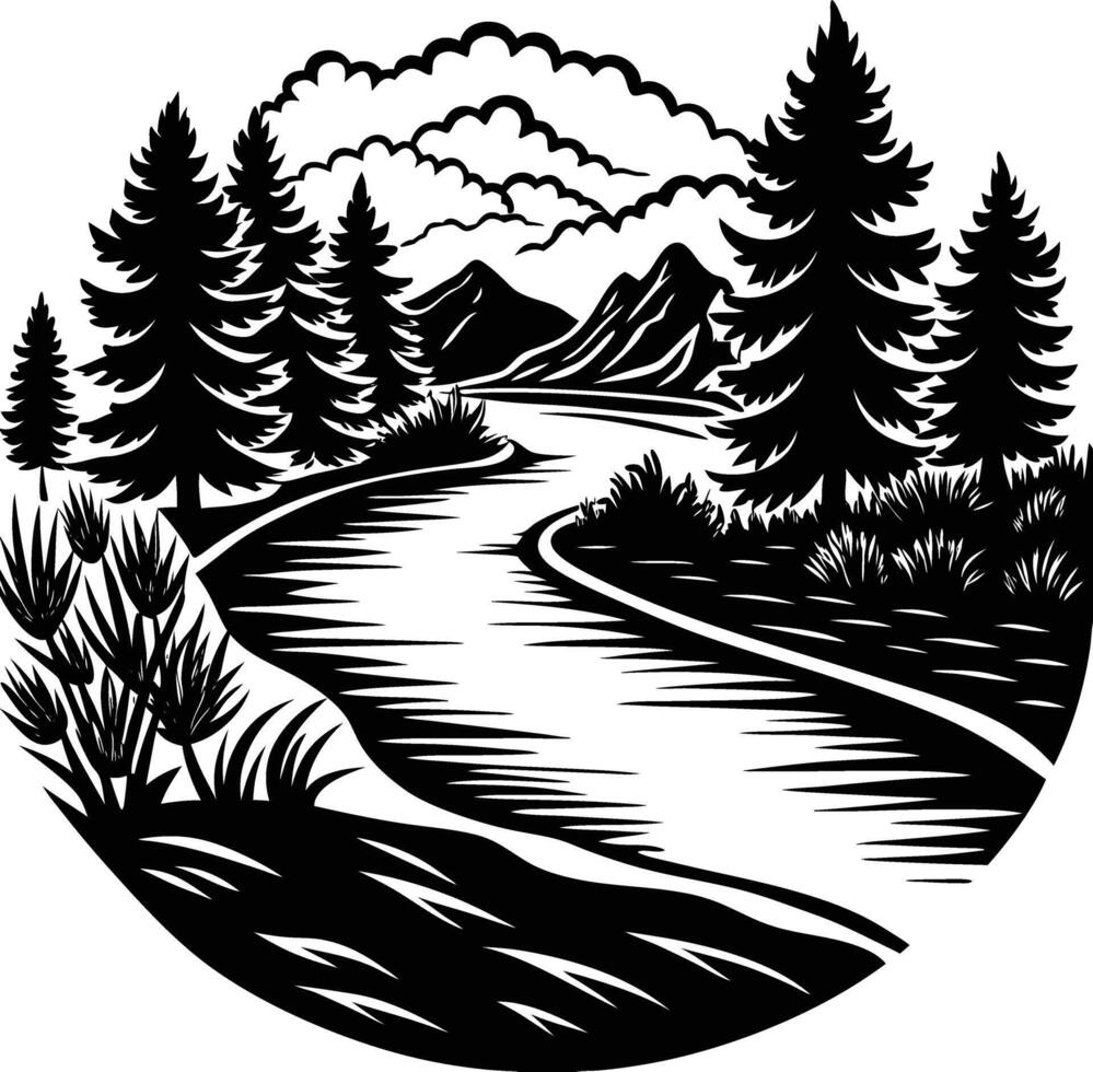 A black and white silhouette illustration of a river and trees vector