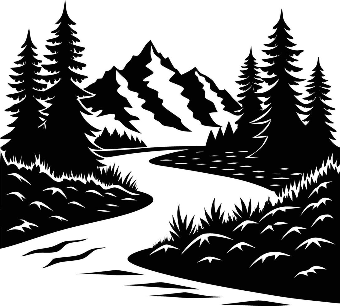 A black and white silhouette illustration of a river and trees vector