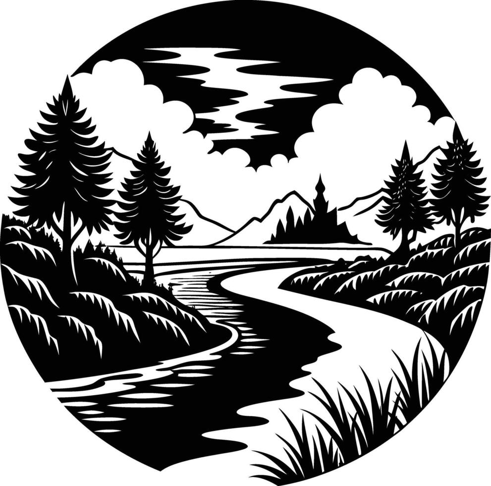 A black and white silhouette illustration of a river and trees vector