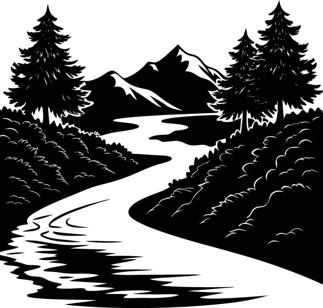 A black and white silhouette illustration of a river and trees vector