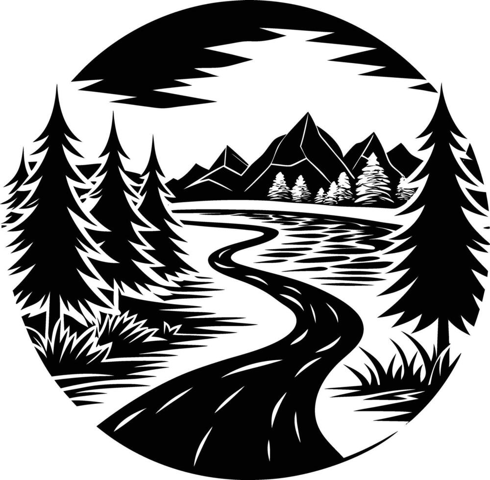 A black and white silhouette illustration of a river and trees vector