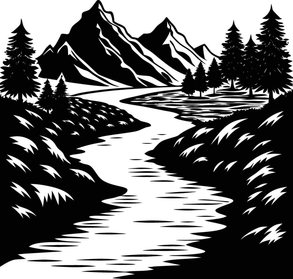 A black and white silhouette illustration of a river and trees vector