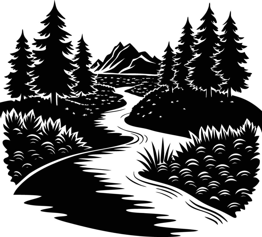A black and white silhouette illustration of a river and trees vector