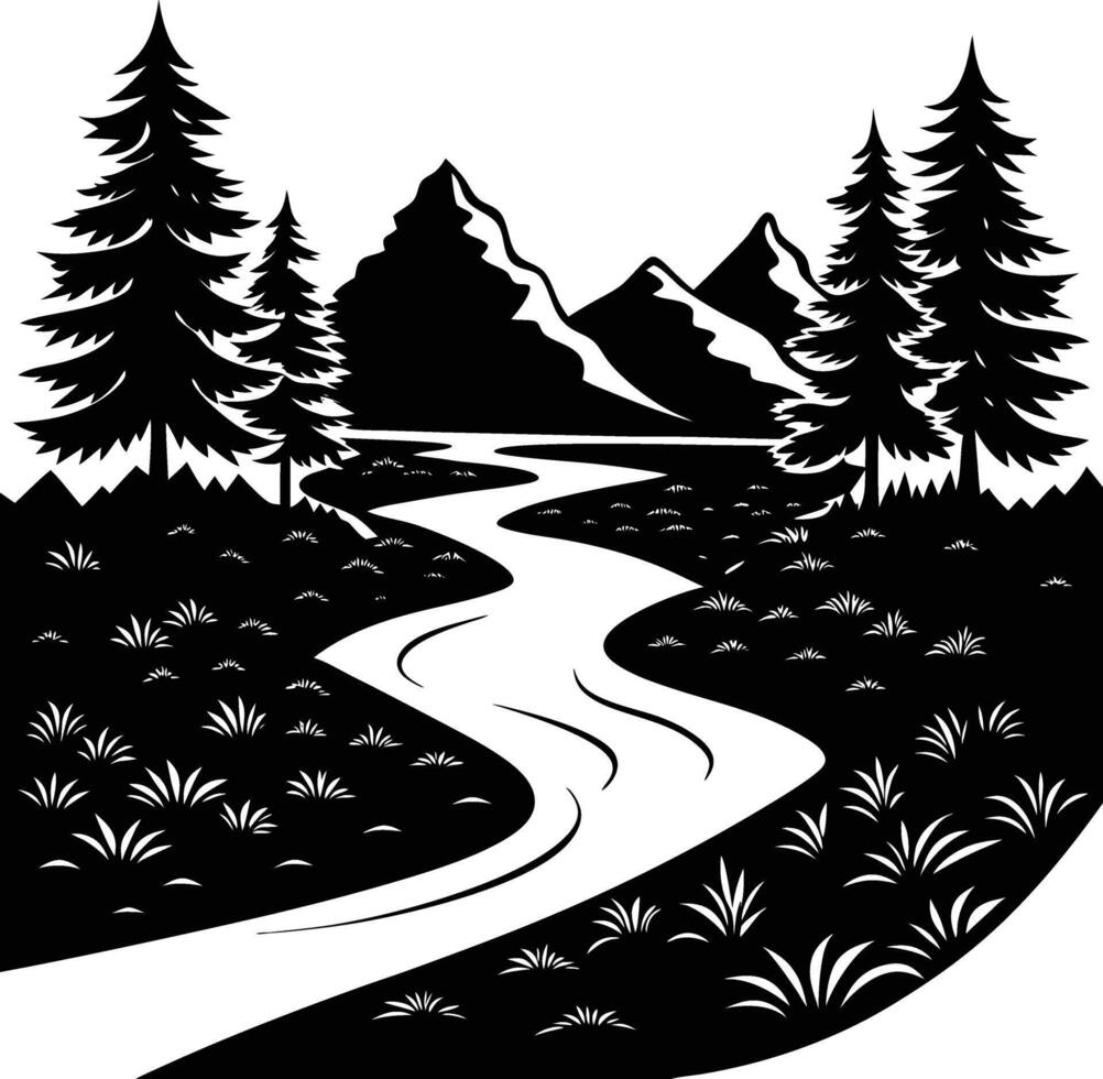 A black and white silhouette illustration of a river and trees vector