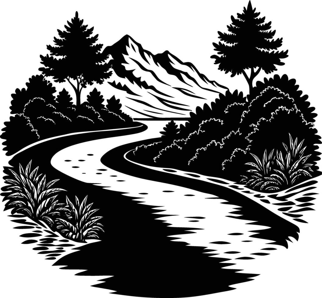 A black and white silhouette illustration of a river and trees vector