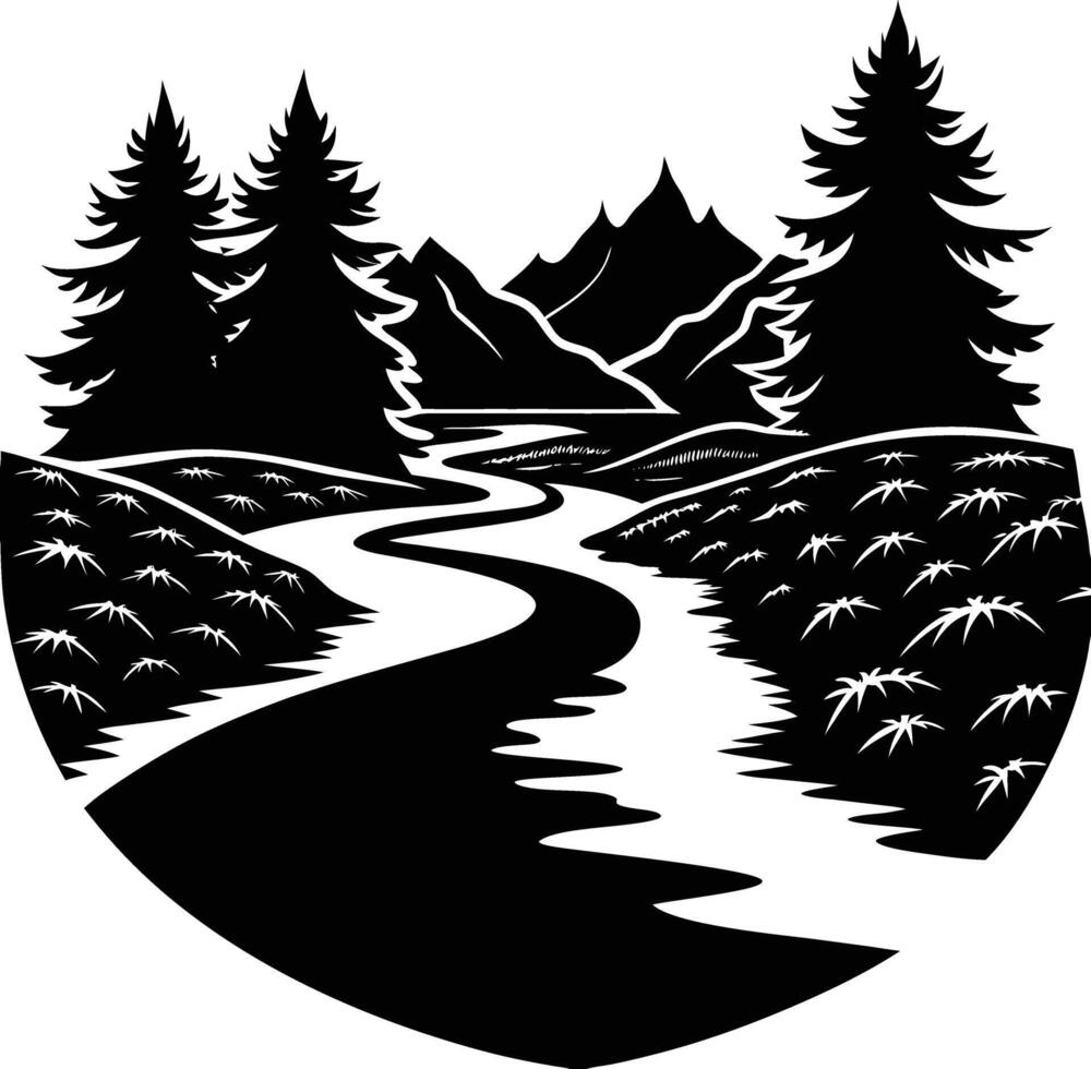 A black and white silhouette illustration of a river and trees vector