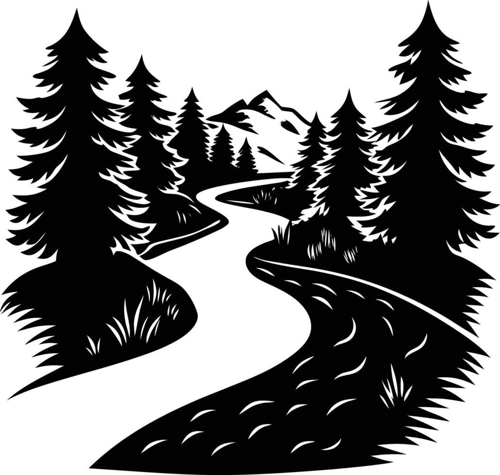 A black and white silhouette illustration of a river and trees vector