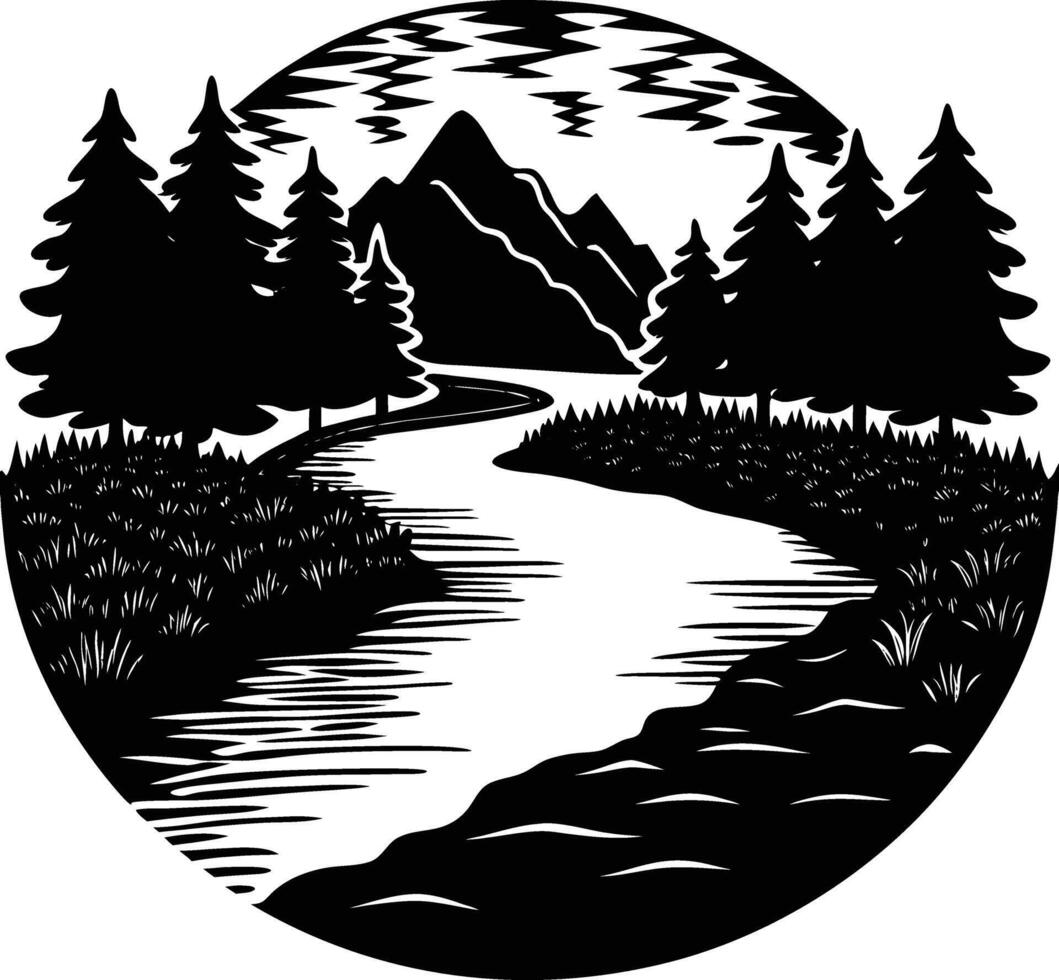 A black and white silhouette illustration of a river and trees vector