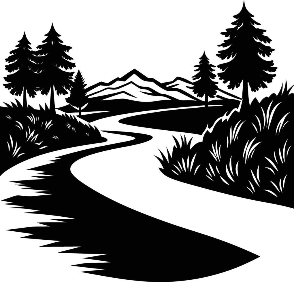 A black and white silhouette illustration of a river and trees vector