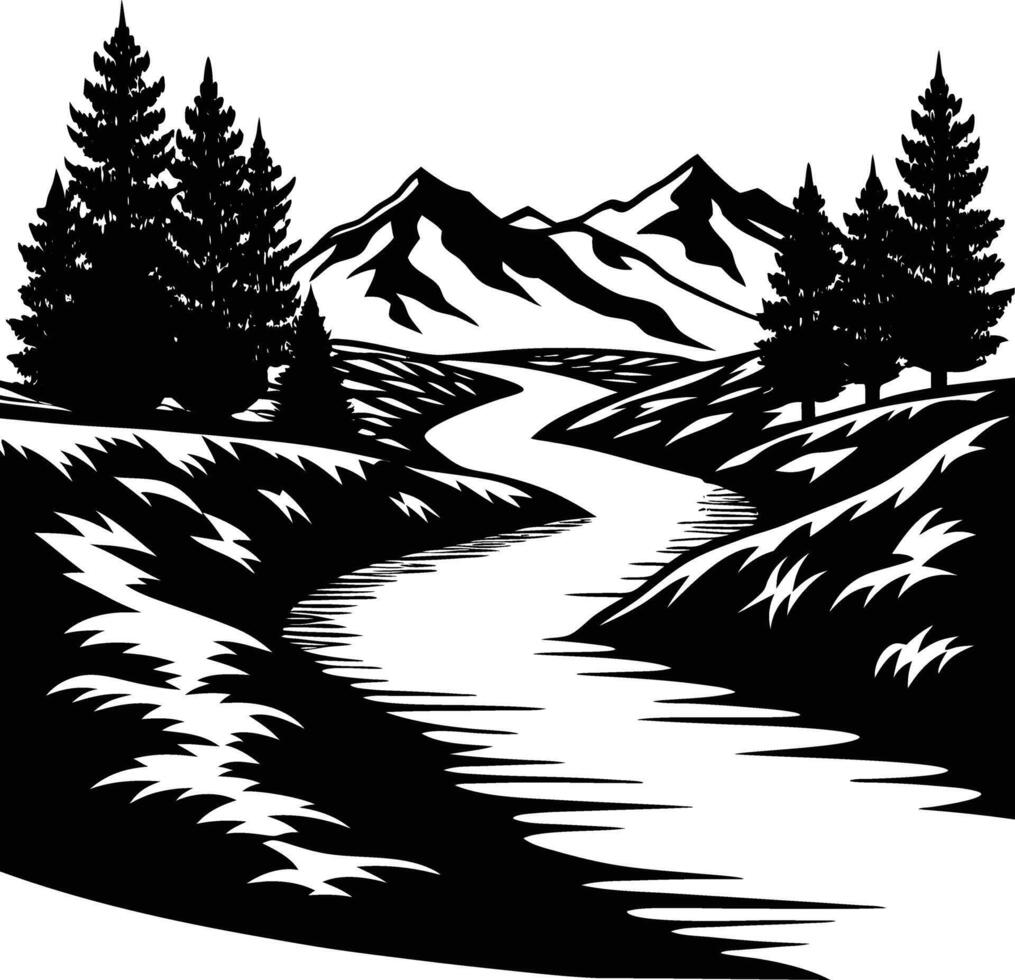 A black and white silhouette illustration of a river and trees vector