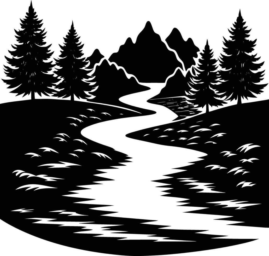 A black and white silhouette illustration of a river and trees vector