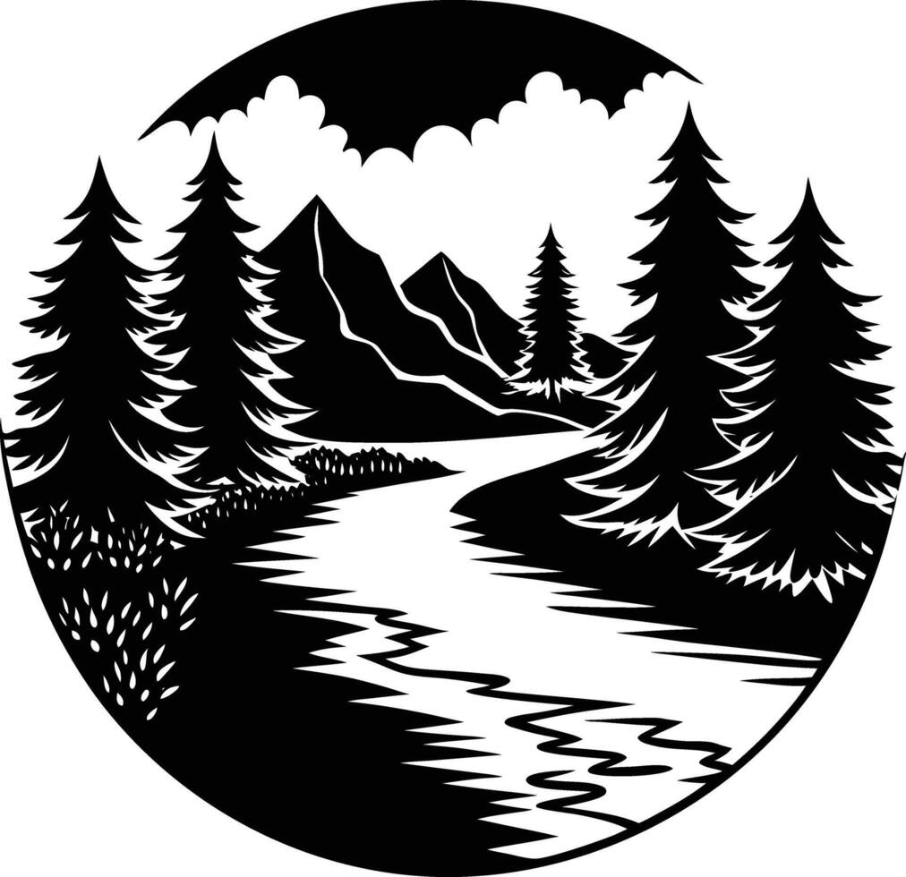 A black and white silhouette illustration of a river and trees vector