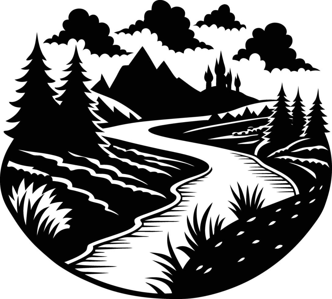 A black and white silhouette illustration of a river and trees vector