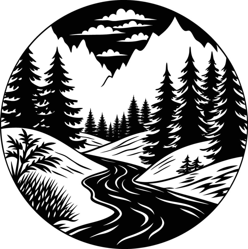 A black and white silhouette illustration of a river and trees vector