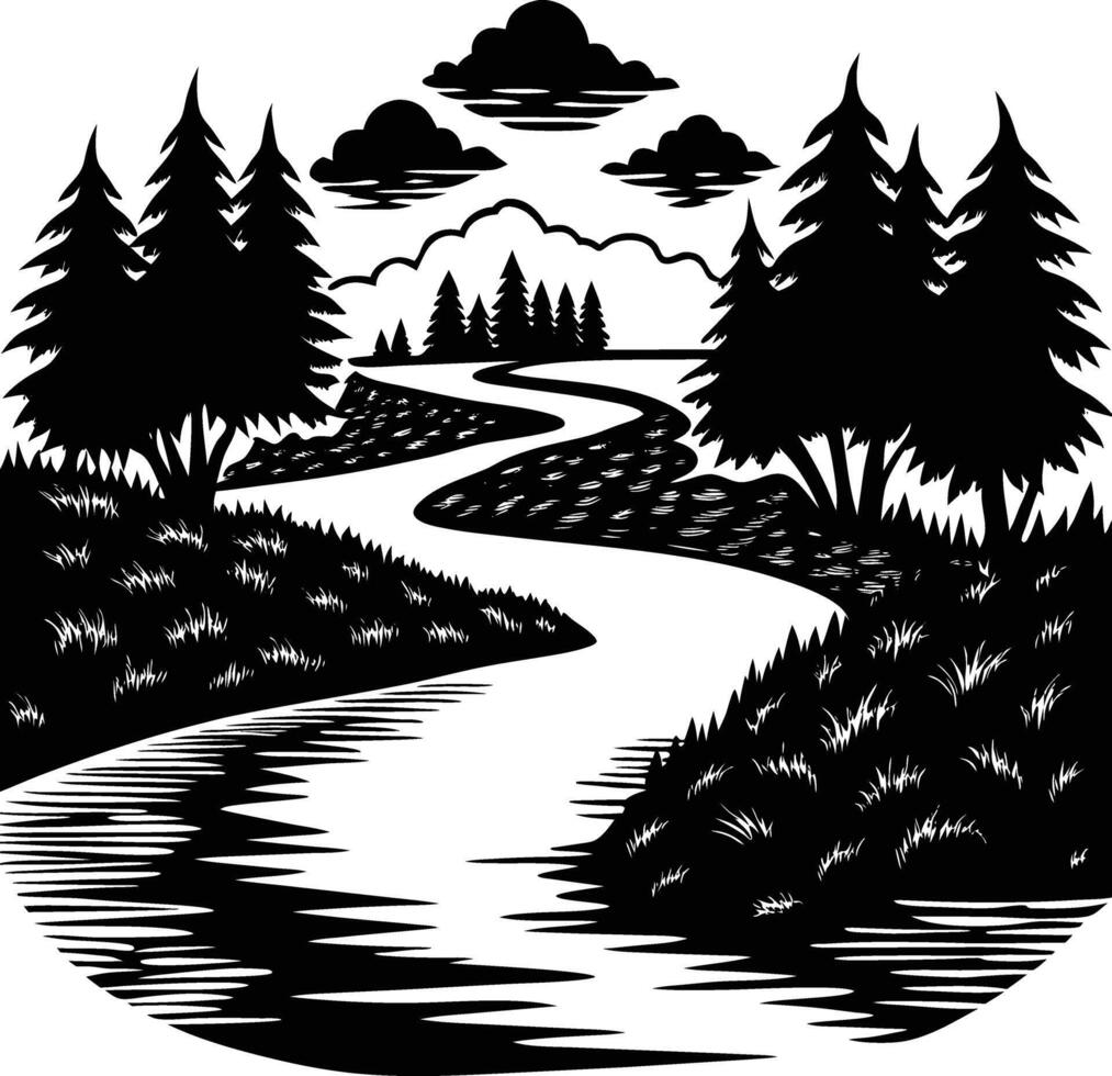 A black and white silhouette illustration of a river and trees vector