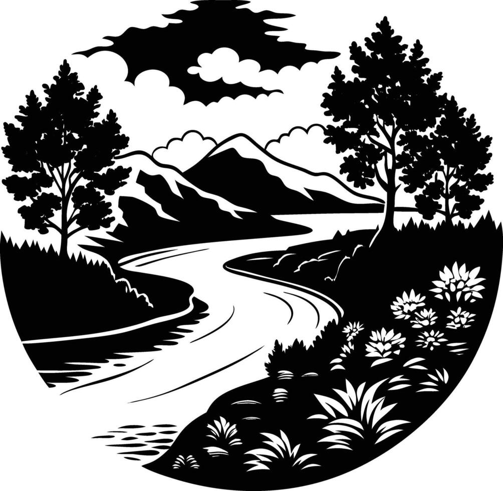 A black and white silhouette illustration of a river and trees vector