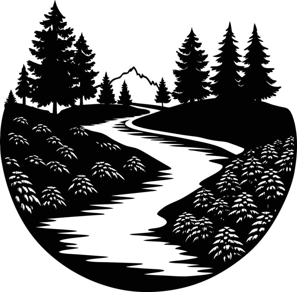 A black and white silhouette illustration of a river and trees vector