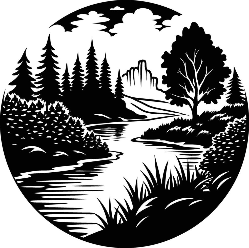 A black and white silhouette illustration of a river and trees vector