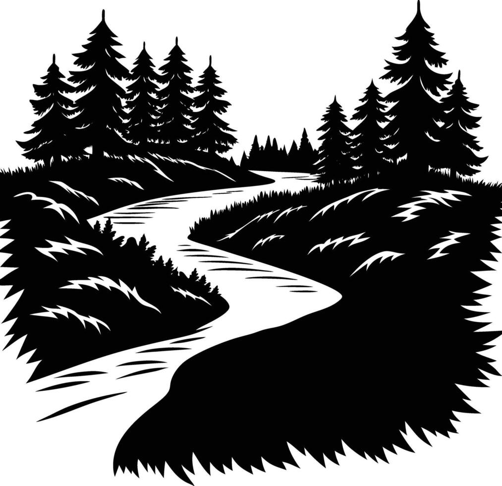 A black and white silhouette illustration of a river and trees vector