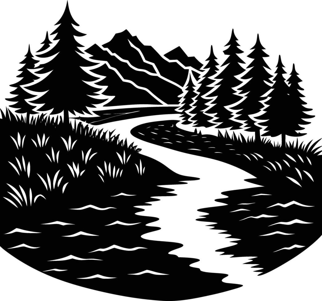 A black and white silhouette illustration of a river and trees vector