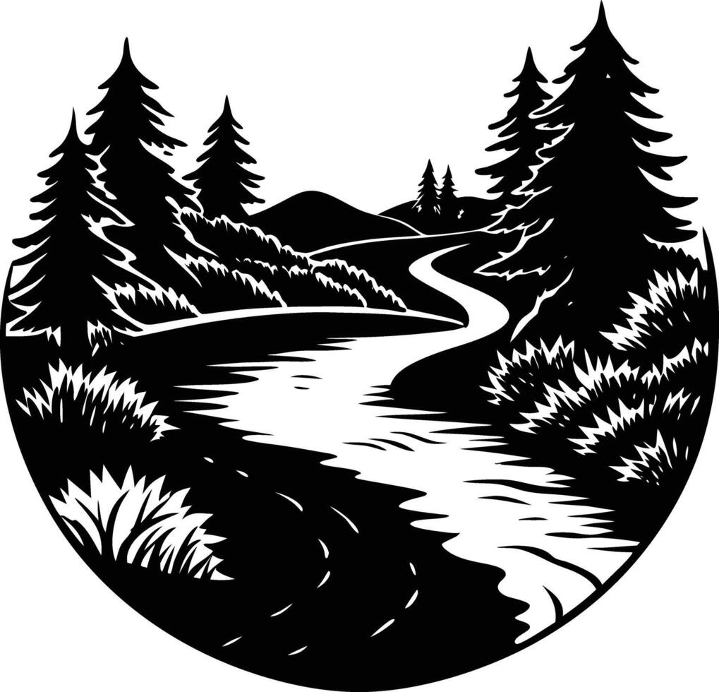 A black and white silhouette illustration of a river and trees vector