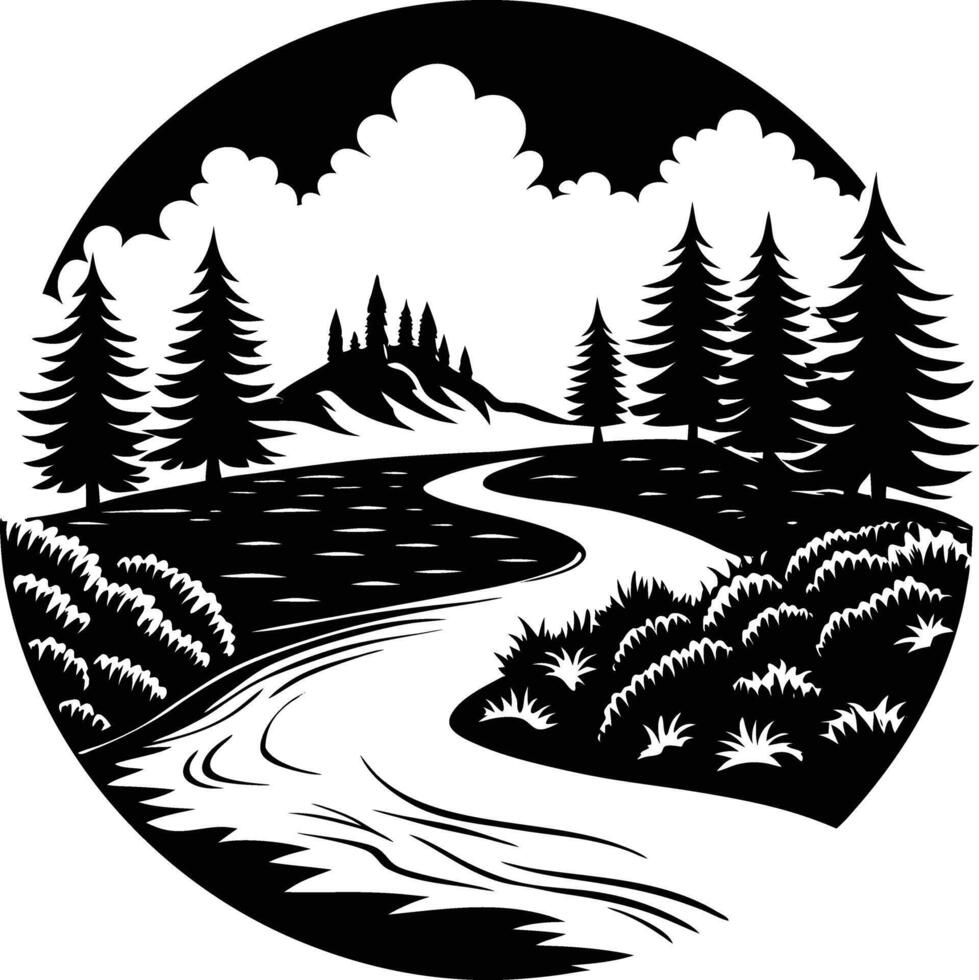 A black and white silhouette illustration of a river and trees vector