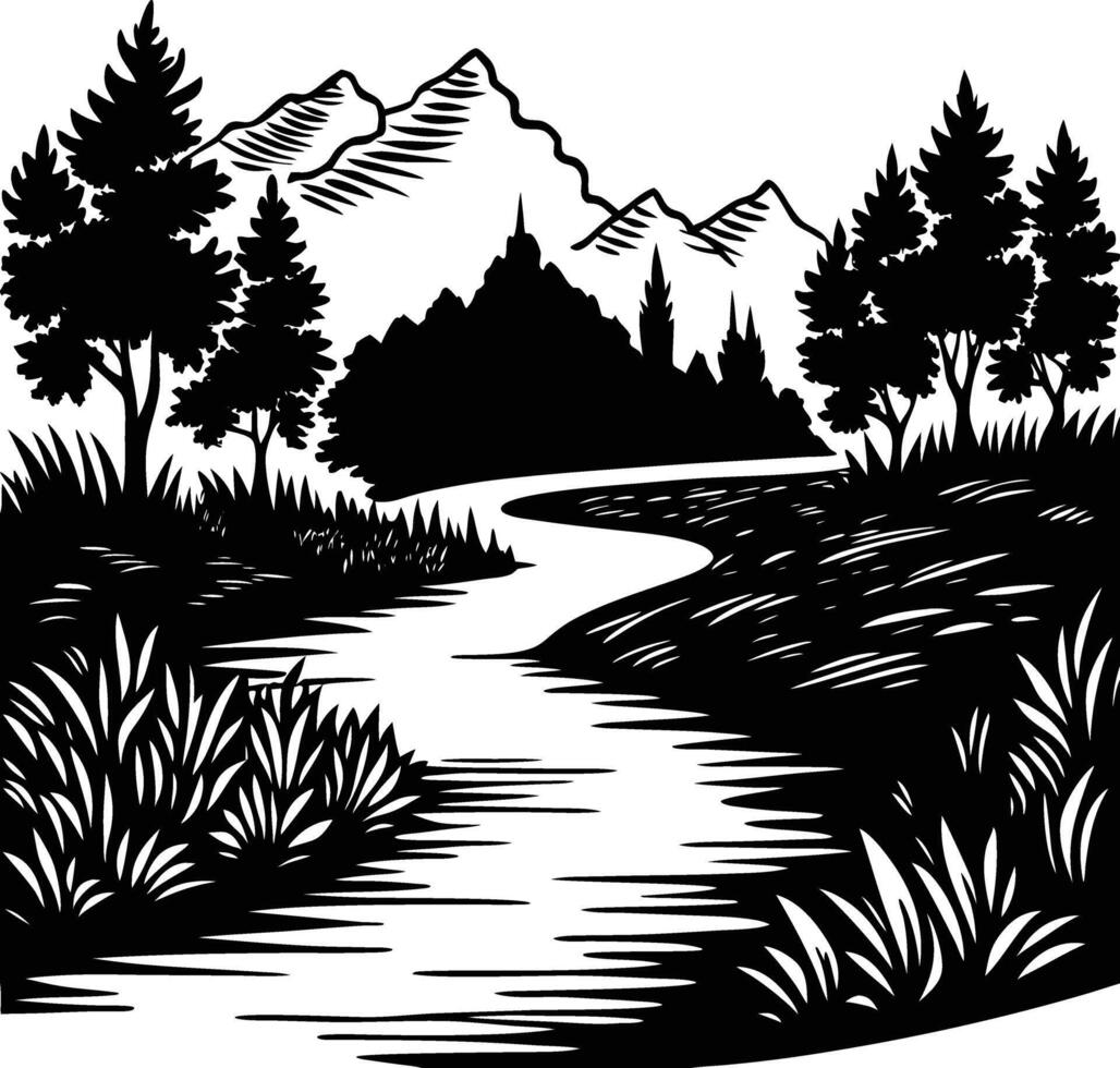 A black and white silhouette illustration of a river and trees vector