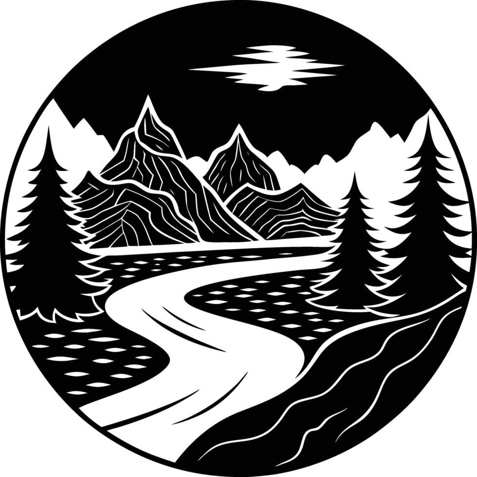 A black and white silhouette illustration of a river and trees vector