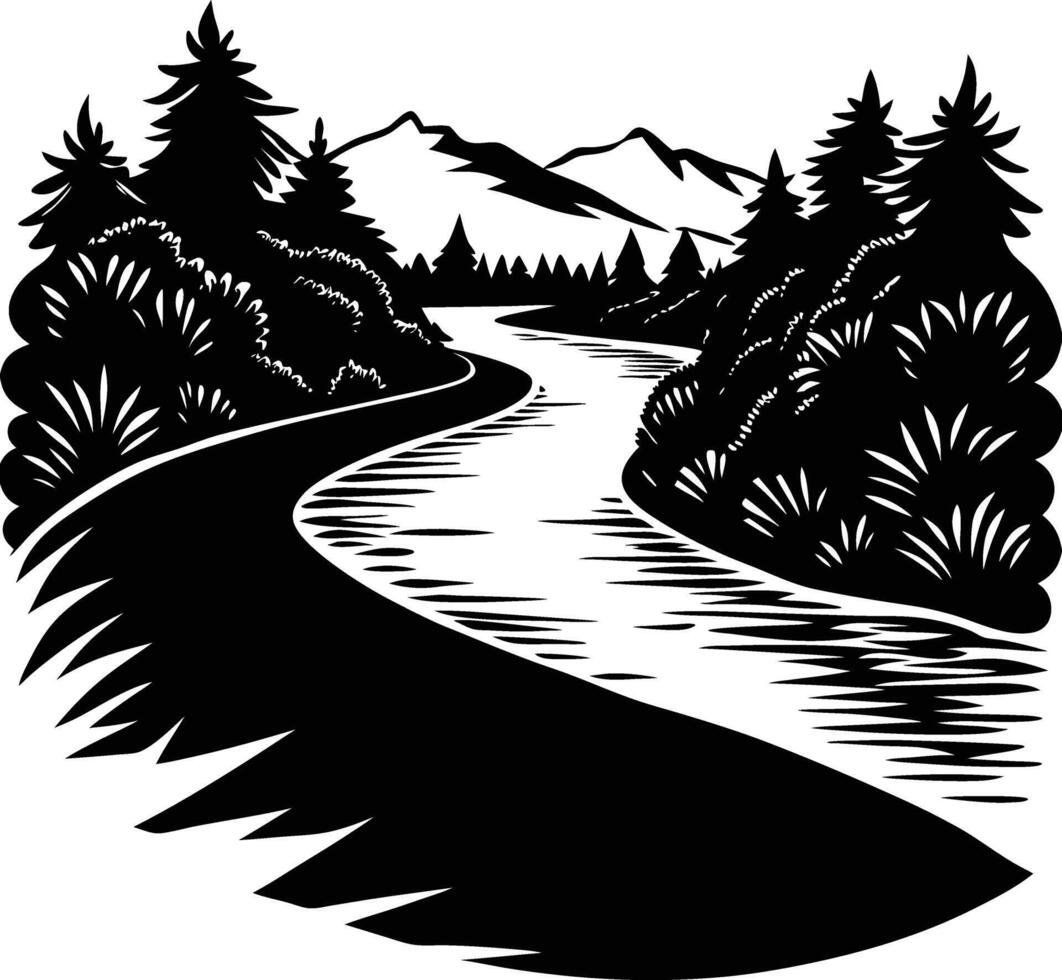 A black and white silhouette illustration of a river and trees vector