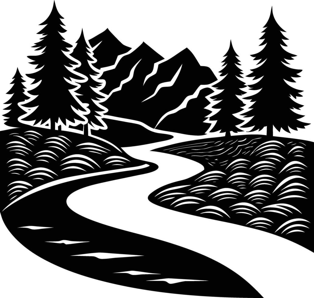 A black and white silhouette illustration of a river and trees vector