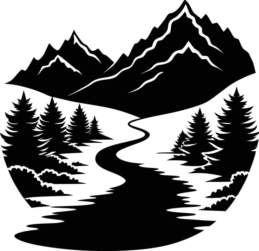 A black and white silhouette illustration of a river and trees vector
