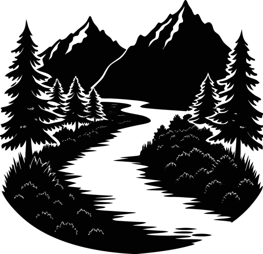 A black and white silhouette illustration of a river and trees vector