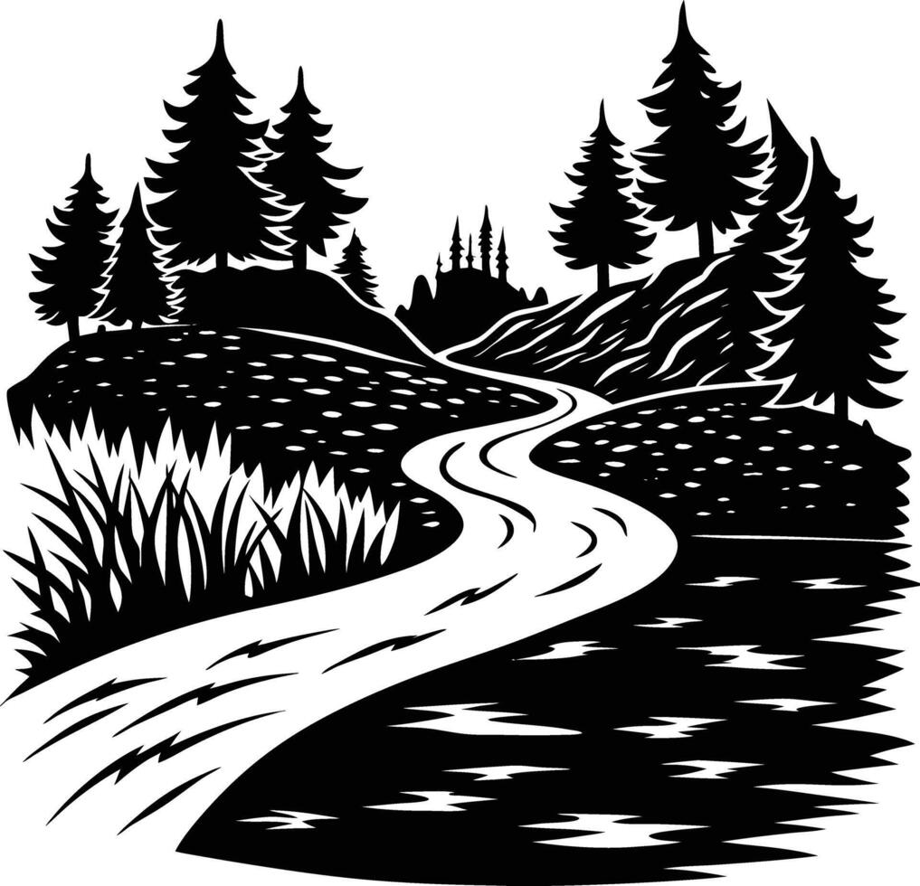 A black and white silhouette illustration of a river and trees vector