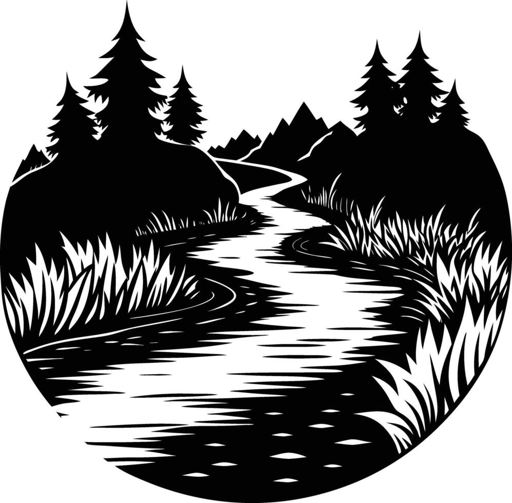 A black and white silhouette illustration of a river and trees vector