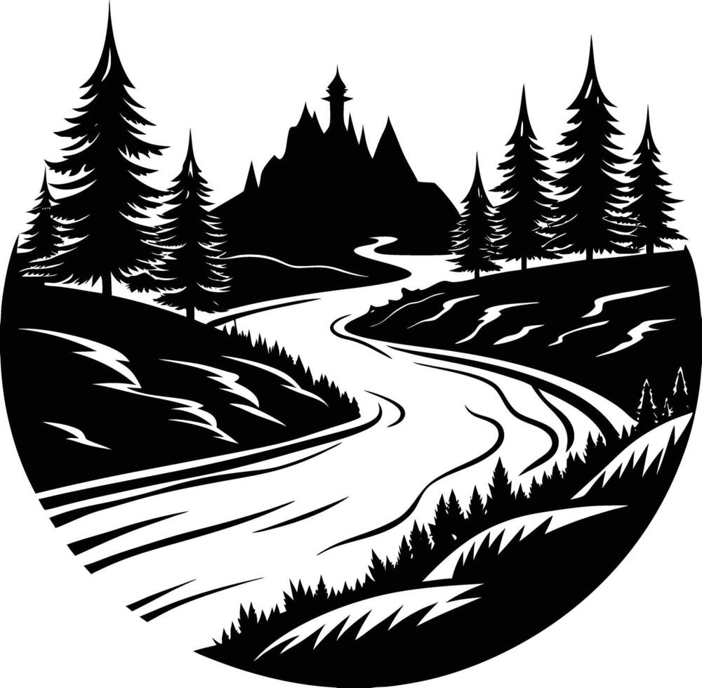 A black and white silhouette illustration of a river and trees vector
