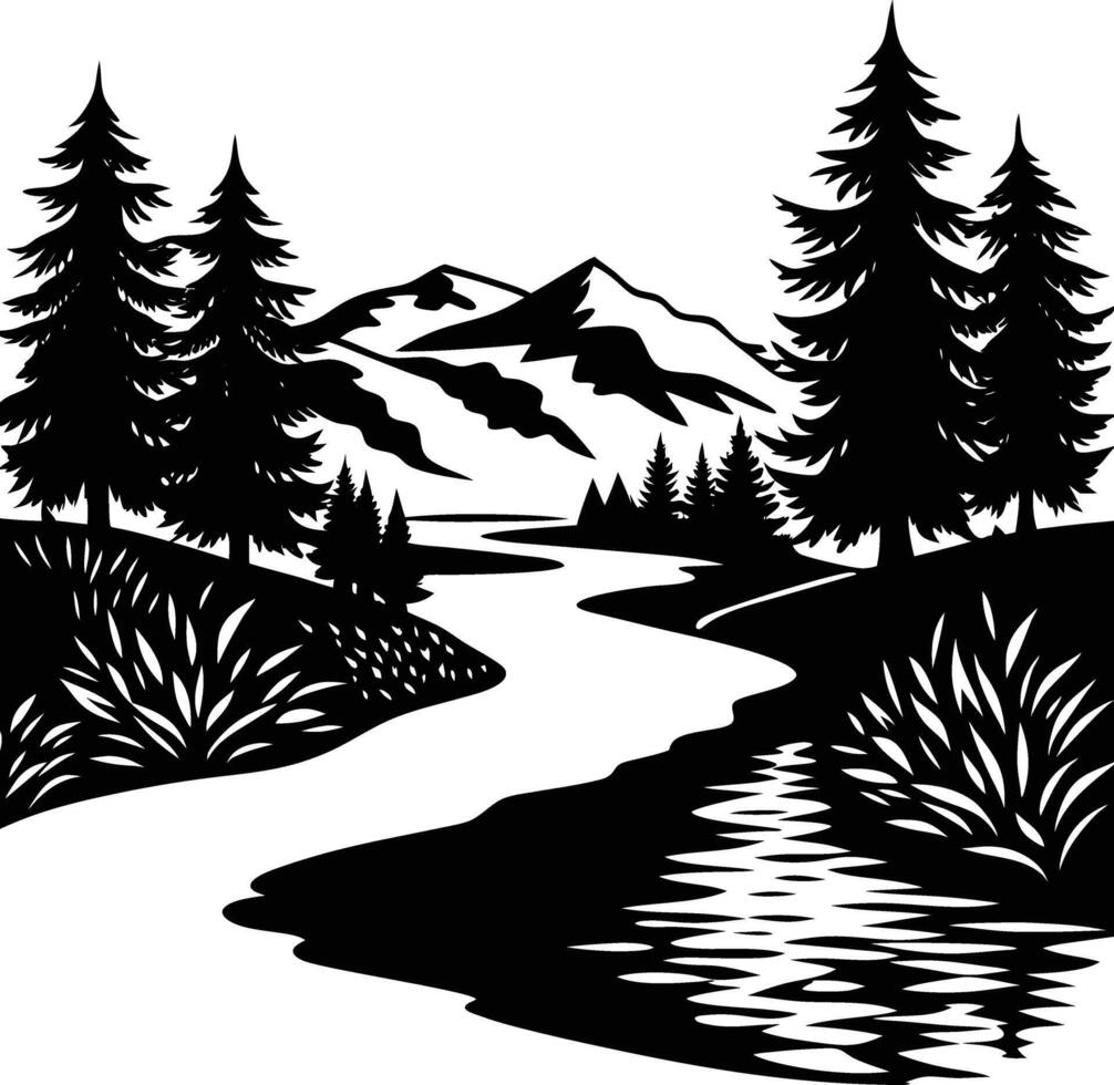 A black and white silhouette illustration of a river and trees vector