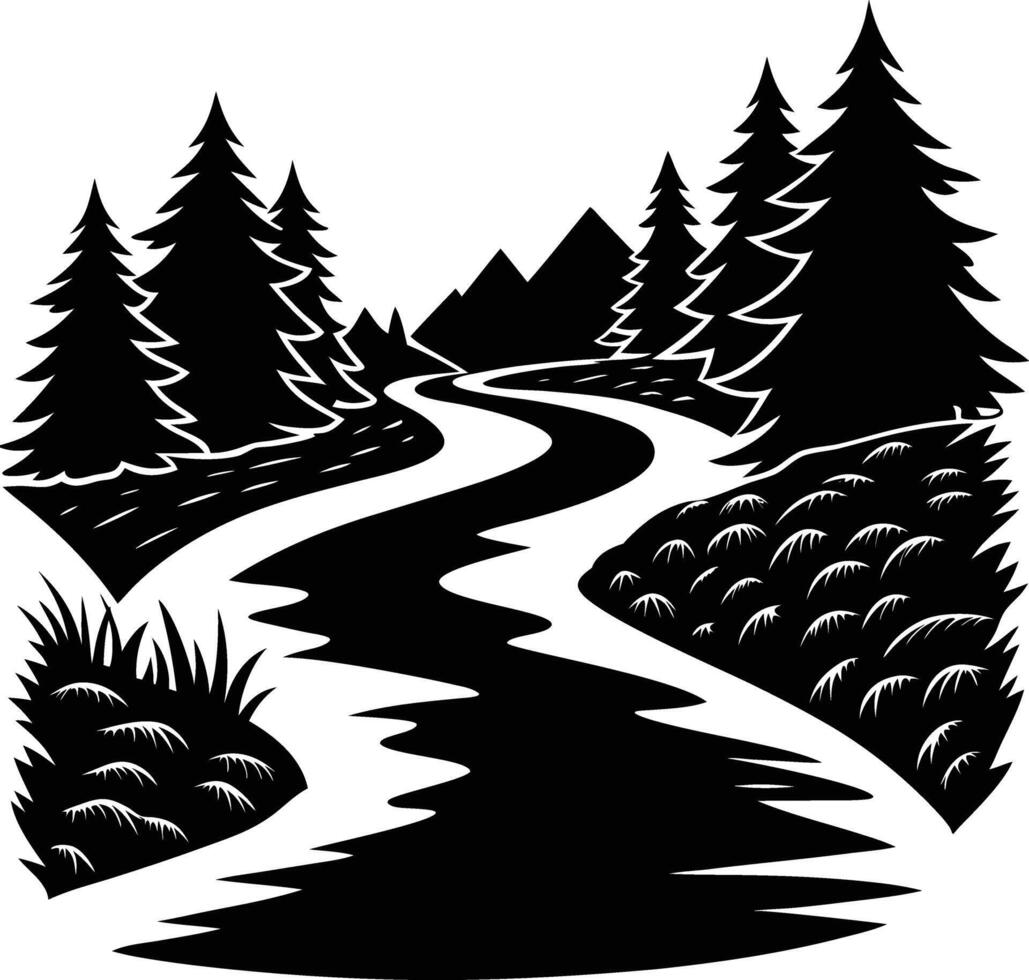 A black and white silhouette illustration of a river and trees vector