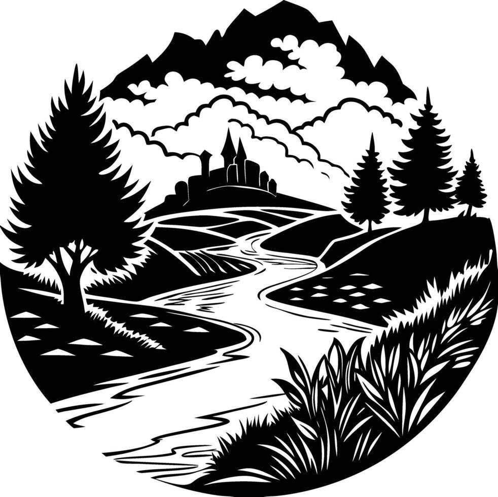 A black and white silhouette illustration of a river and trees vector