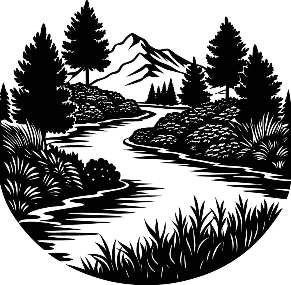 A black and white silhouette illustration of a river and trees vector