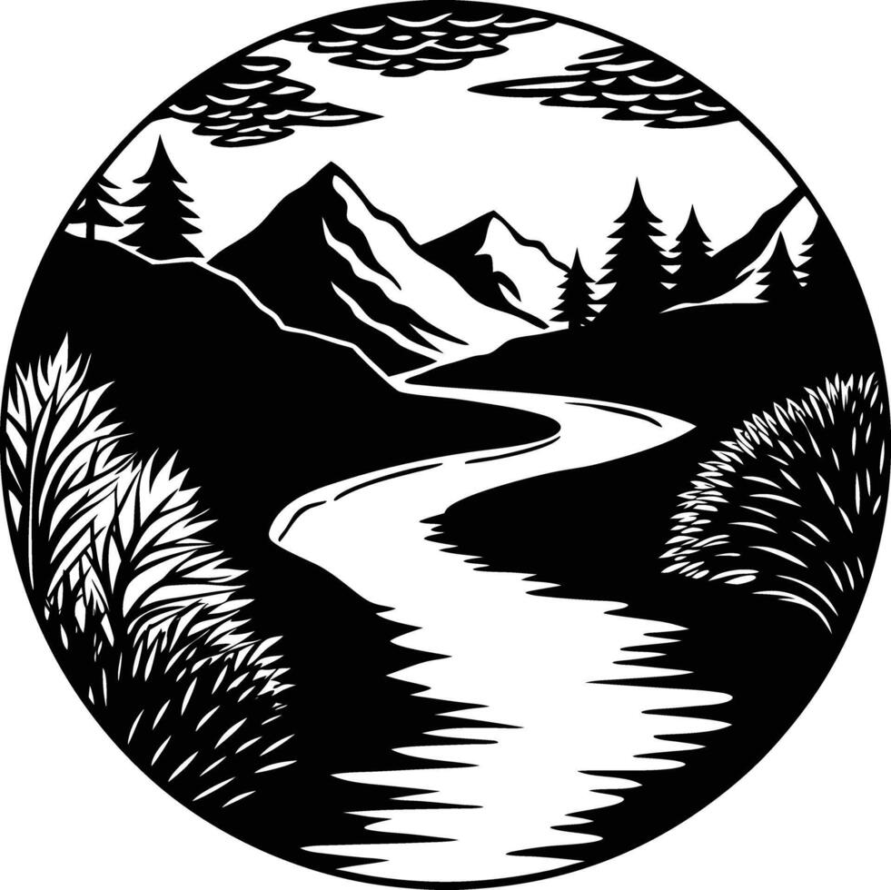 A black and white silhouette illustration of a river and trees vector