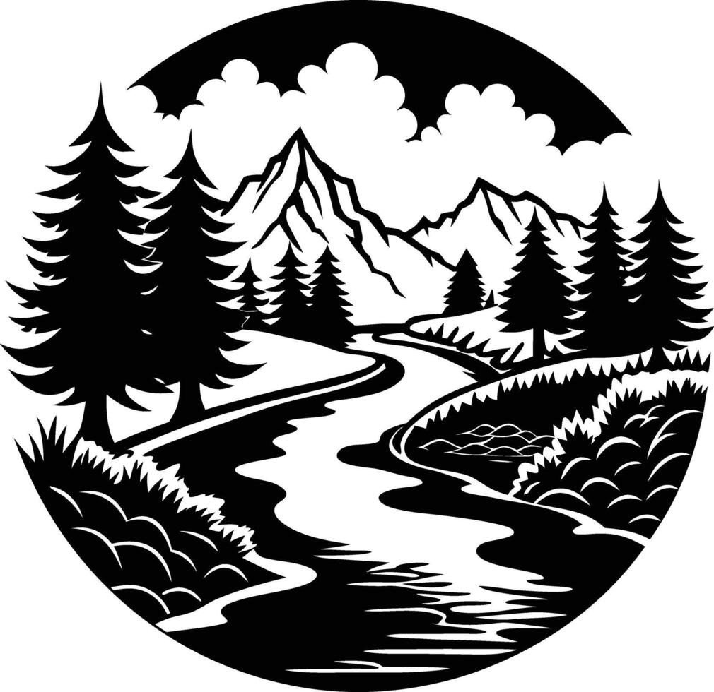 A black and white silhouette illustration of a river and trees vector