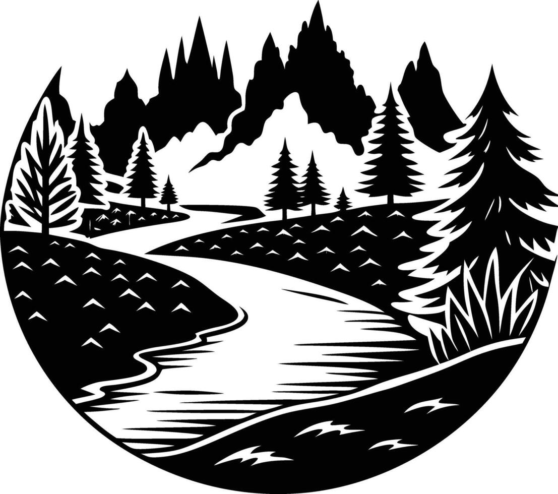 A black and white silhouette illustration of a river and trees vector