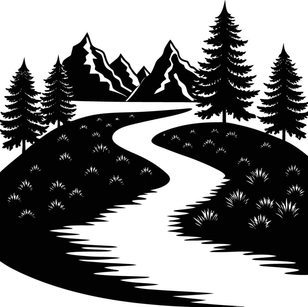 A black and white silhouette illustration of a river and trees vector