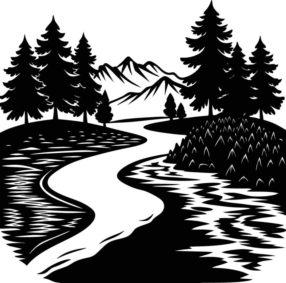 A black and white silhouette illustration of a river and trees vector