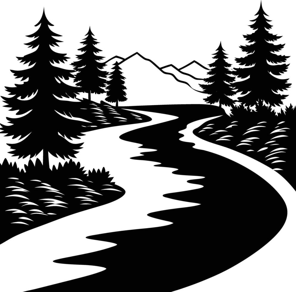 A black and white silhouette illustration of a river and trees vector