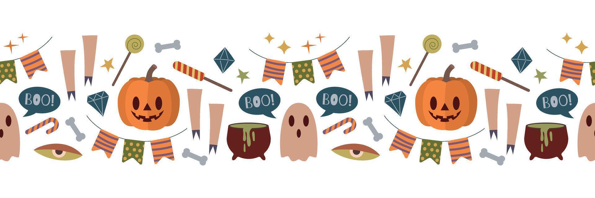 Halloween seamless border. Pumpkin, cauldron, flags, dice, candy canes and other holiday elements. Isolated illustration for holiday design vector