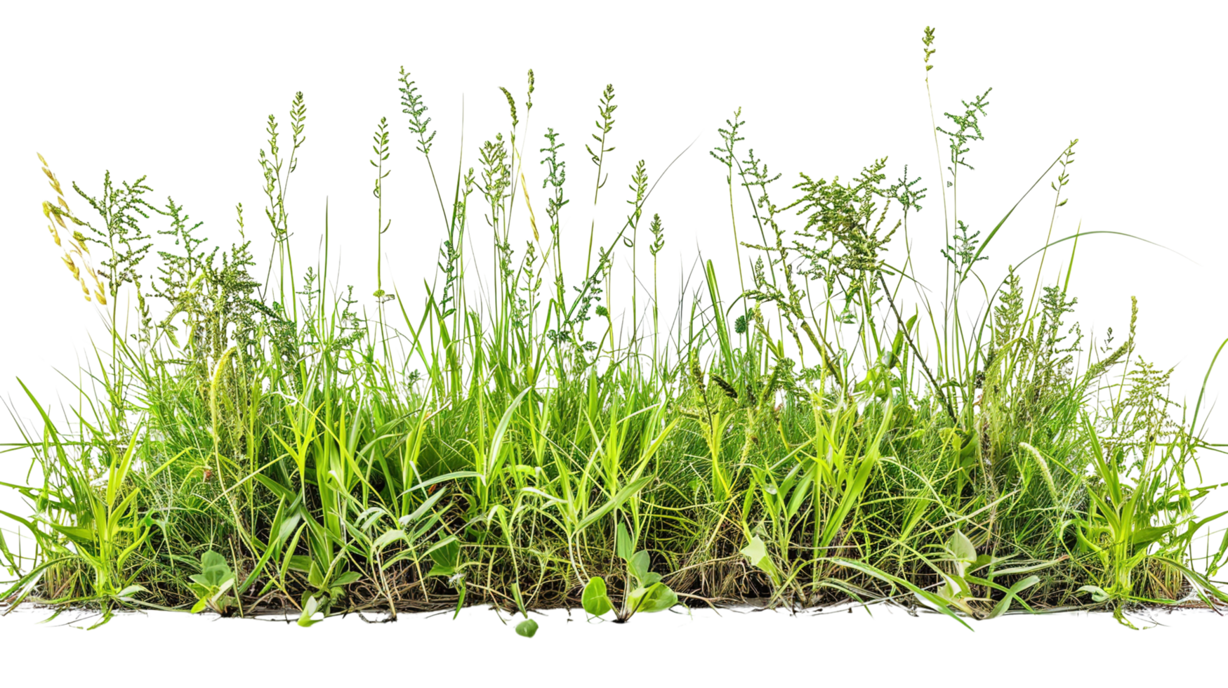 A mixed prairie grass bed in spring, fresh green shoots emerging, isolated on a transparent background png