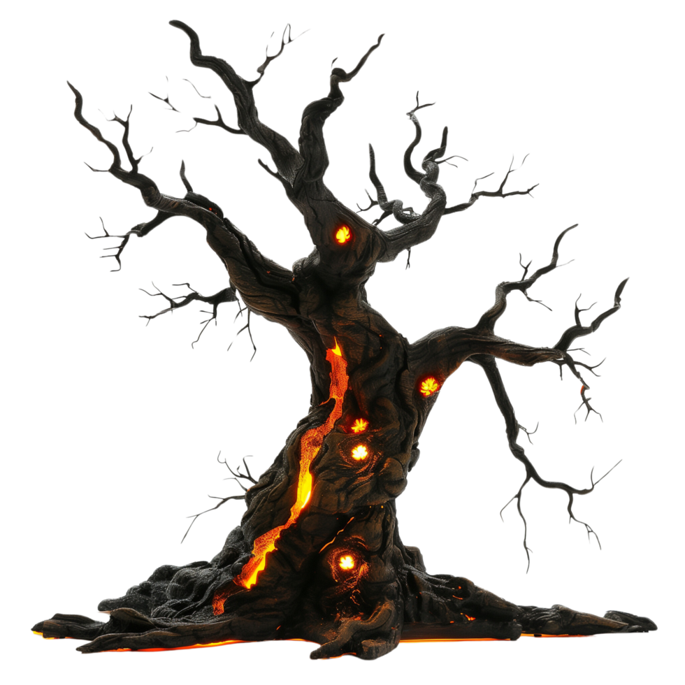 A spooky dead tree with glowing orange lights, casting eerie shadows isolated on a transparent background png